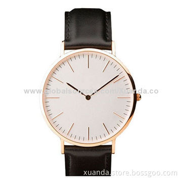 Black genuine leather strap stainless steel analog watches, Japan Quartz movement steel case